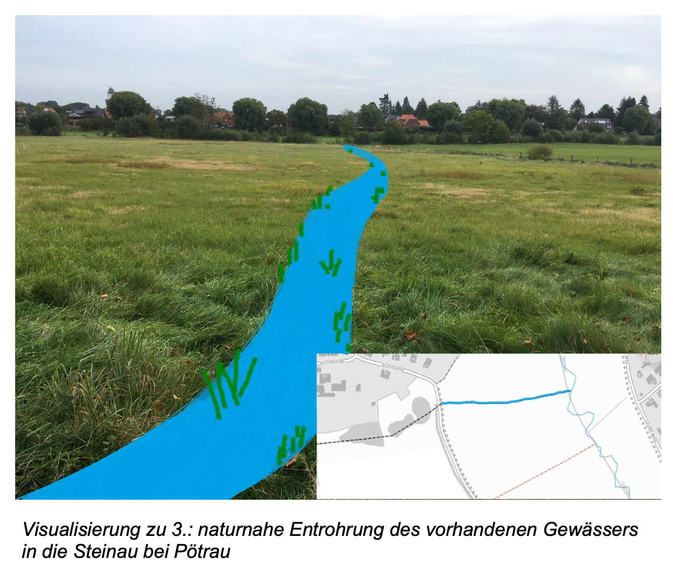 Visualisierung zu 3.: naturnahe Entrohrung des vorhandenen Gewässers in die Steinau bei Pötrau, es ist ein Fluss auf einer Wiese zu sehen.